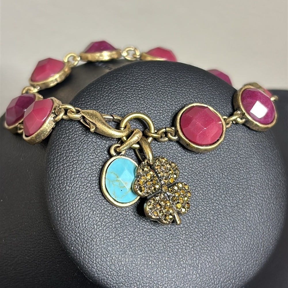Lucky Brand Boho Charm Antique Gold Chain Clover Turquoise Bracelet Engraved - Picture 2 of 8